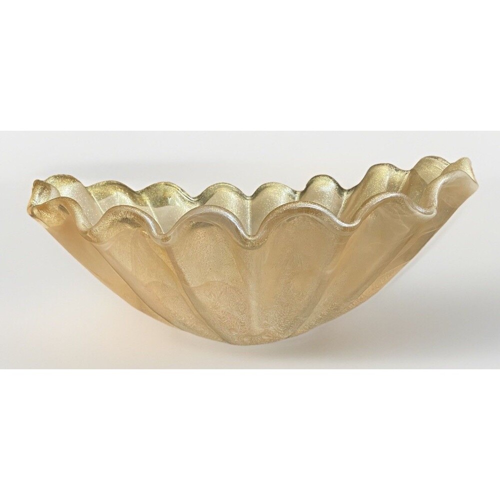 Large 20” Murano Glass Bowl Centerpiece Gold Aventurine Ruffled Italy